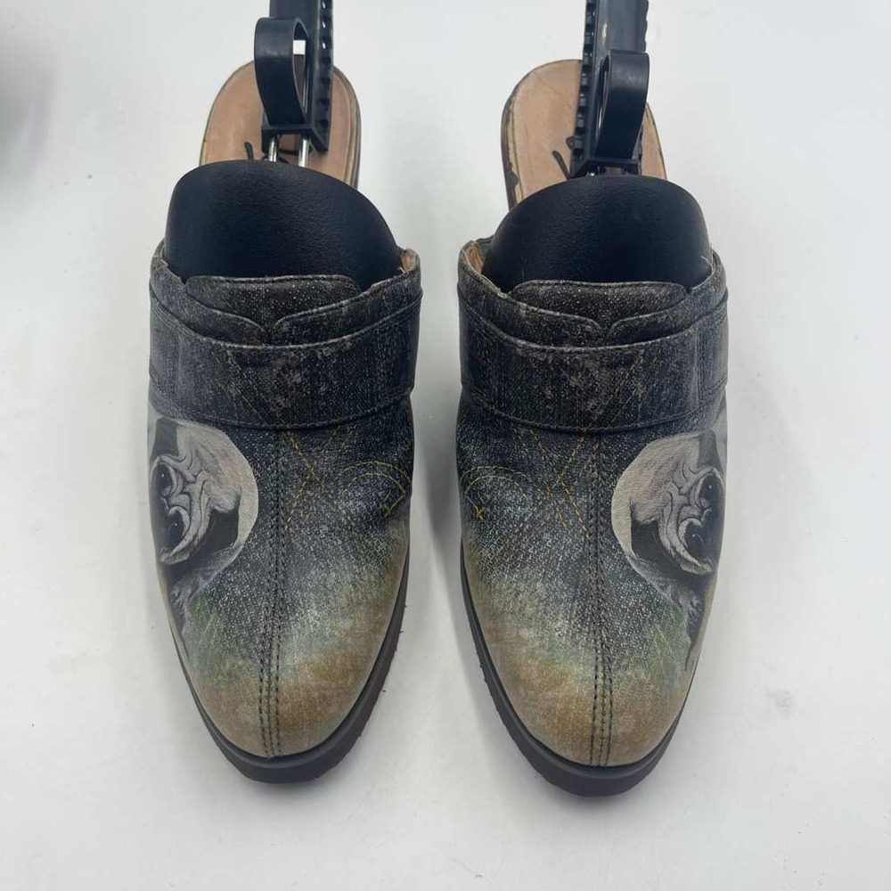 Icon Womens Pug Dog Graphic Leather Mules Clogs Black Gray Size 5.5M